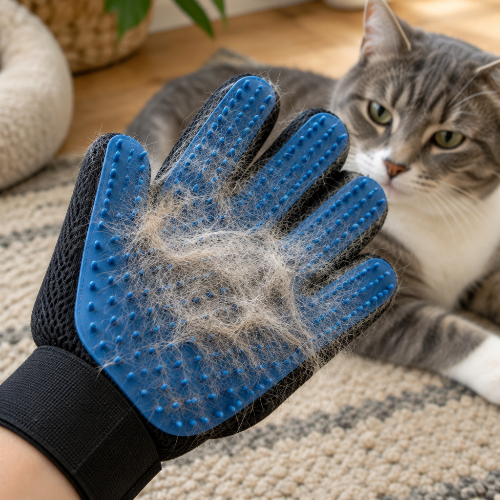 Close-up of a pet grooming glove collecting fur