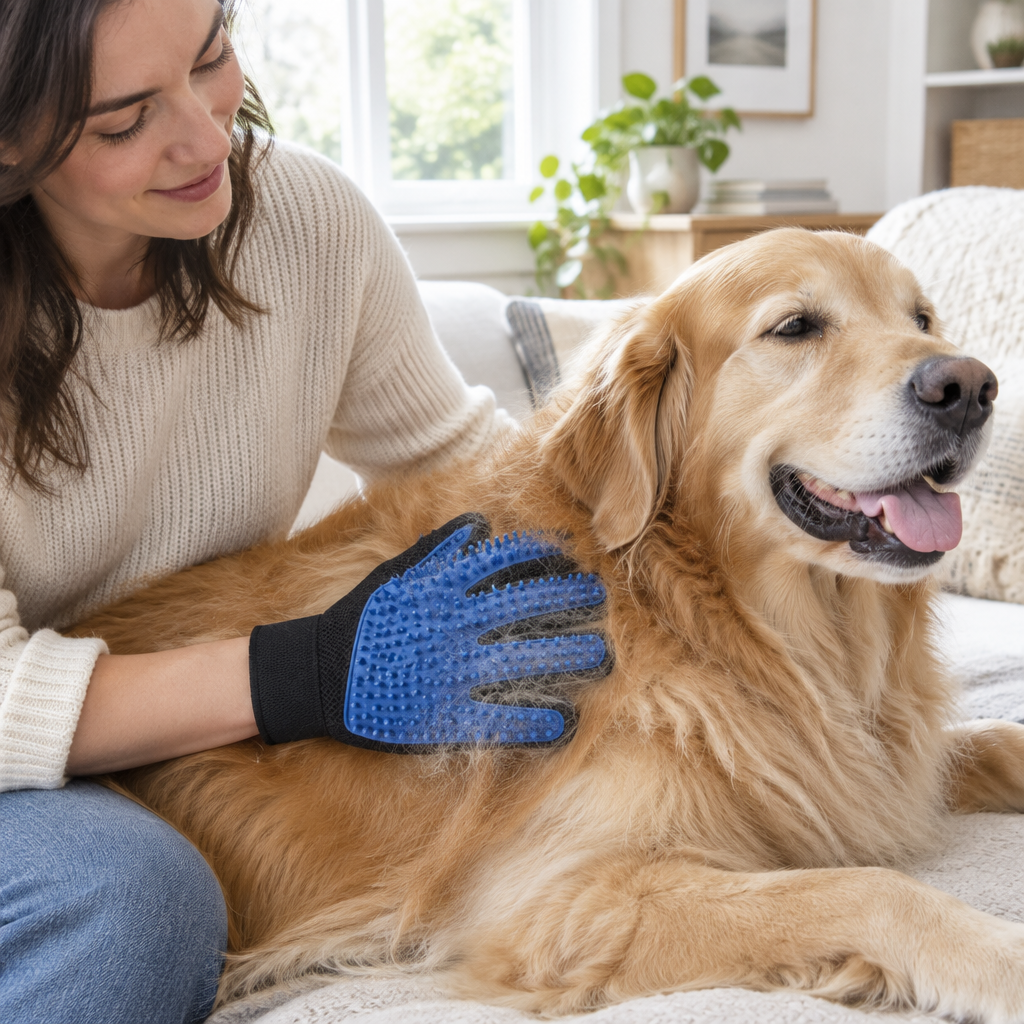 Pet grooming glove in use with a dog