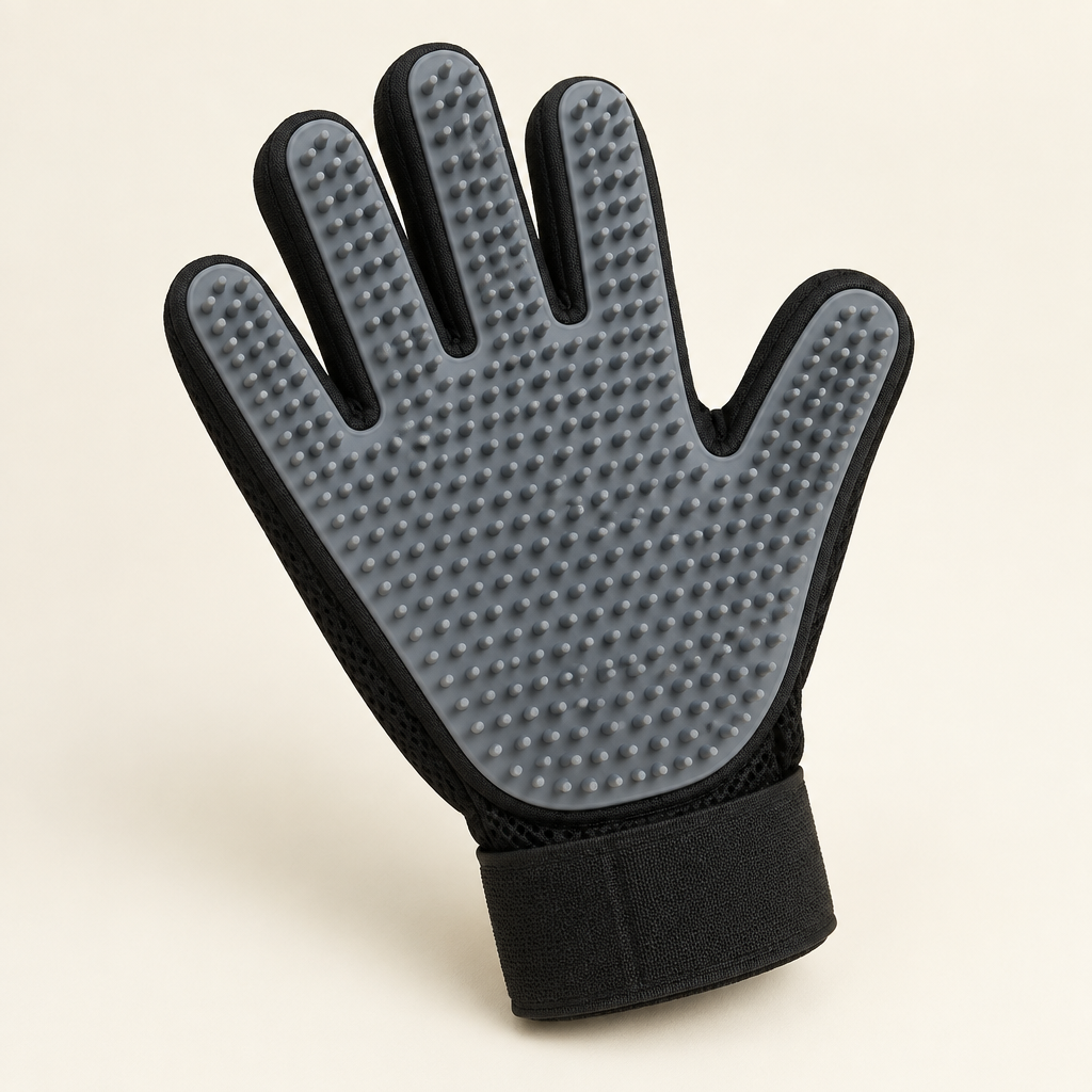 Pet grooming glove on a warm ivory background